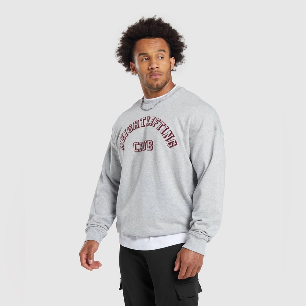 Gymshark Light Gray Crewneck Sweatshirt with Maroon 'Weightlifting Club' Text
